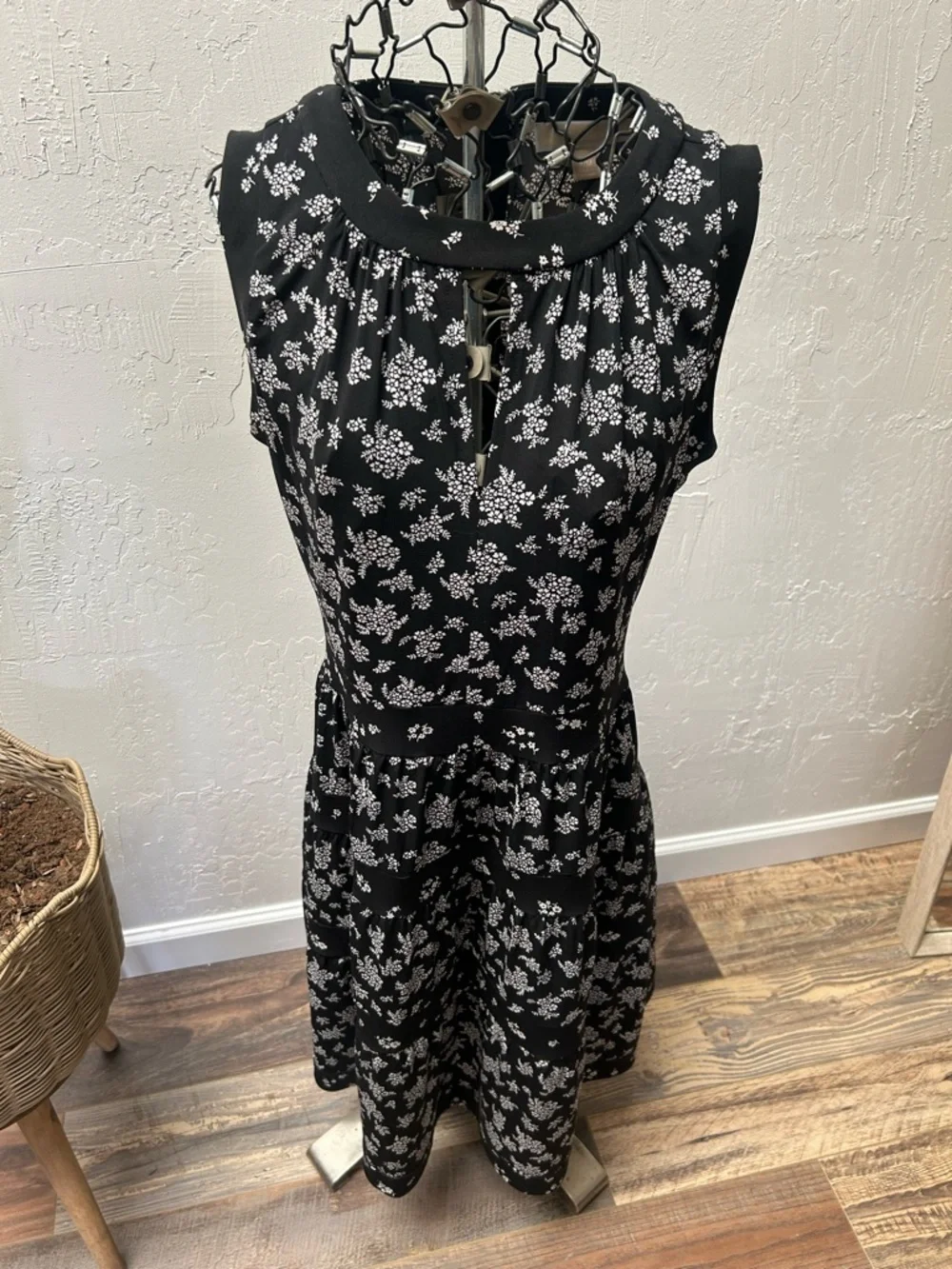 Michael Kors Black and‎ White Floral Midi Dress with High Neckline